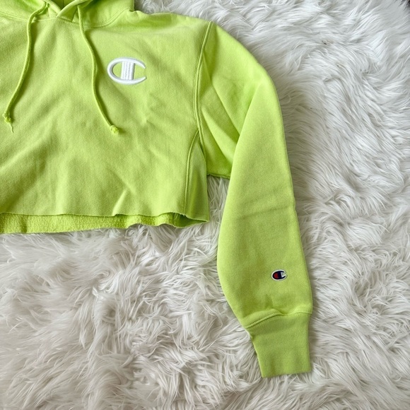 Champion Lime Neon Green Reverse Weave Cropped fleece Hoodie Heavyweight Small - Picture 9 of 16